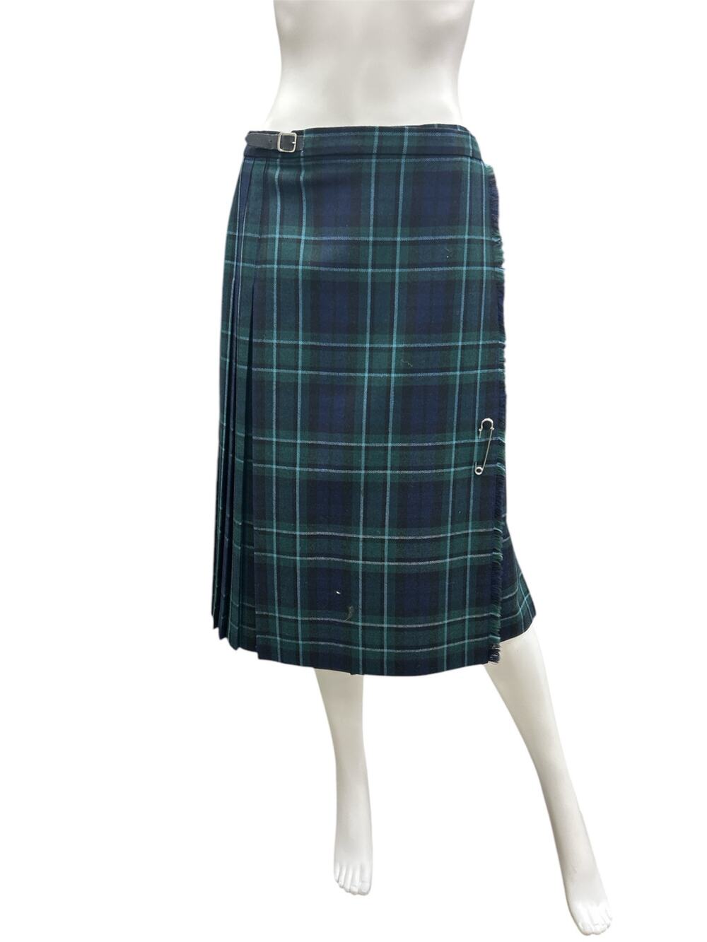 Vintage Skirt Women’s Size M Wool Pleated Large Safety Pin Wrap Green And Blue